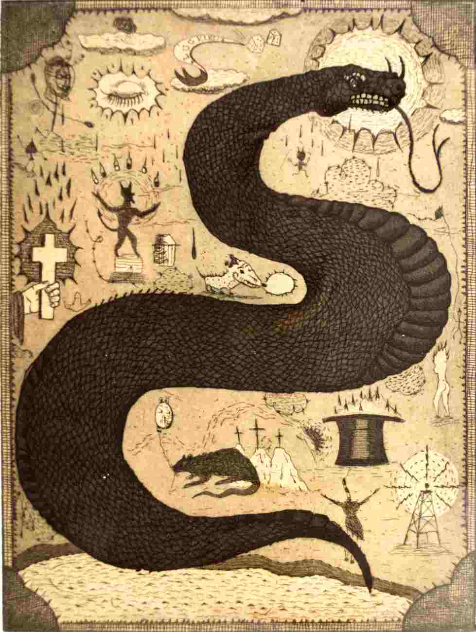 1.	"Viper, etching with aquatint and chine collé, Artist Proof, 1992